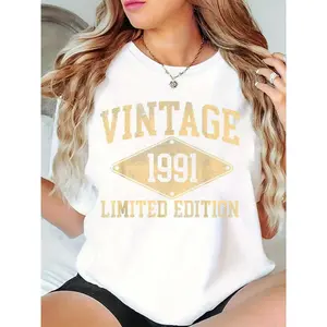 Women's Vintage 1991 Limited Edition Graphic T-Shirt, Retro Distressed Print Casual Tee for Daily Wear, Birthday Gift for 1991 Born 100% Cotton T-shirt