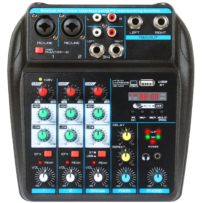 4-Channel Portable Audio Mixer, Bluetooth 5.0 USB Sound Mixing Console with 48V Phantom Power for Karaoke, Podcast Recording  dsp effect eurorack modular