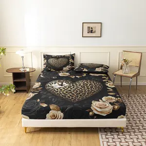 3Pcs Leopard Print Heart Rose Fitted Sheet Set, Soft Microfiber Deep Pocket Non-Slip Bed Sheet with 2 Pillowcases, Luxury Aesthetic Bedding Set for Bedroom Decor