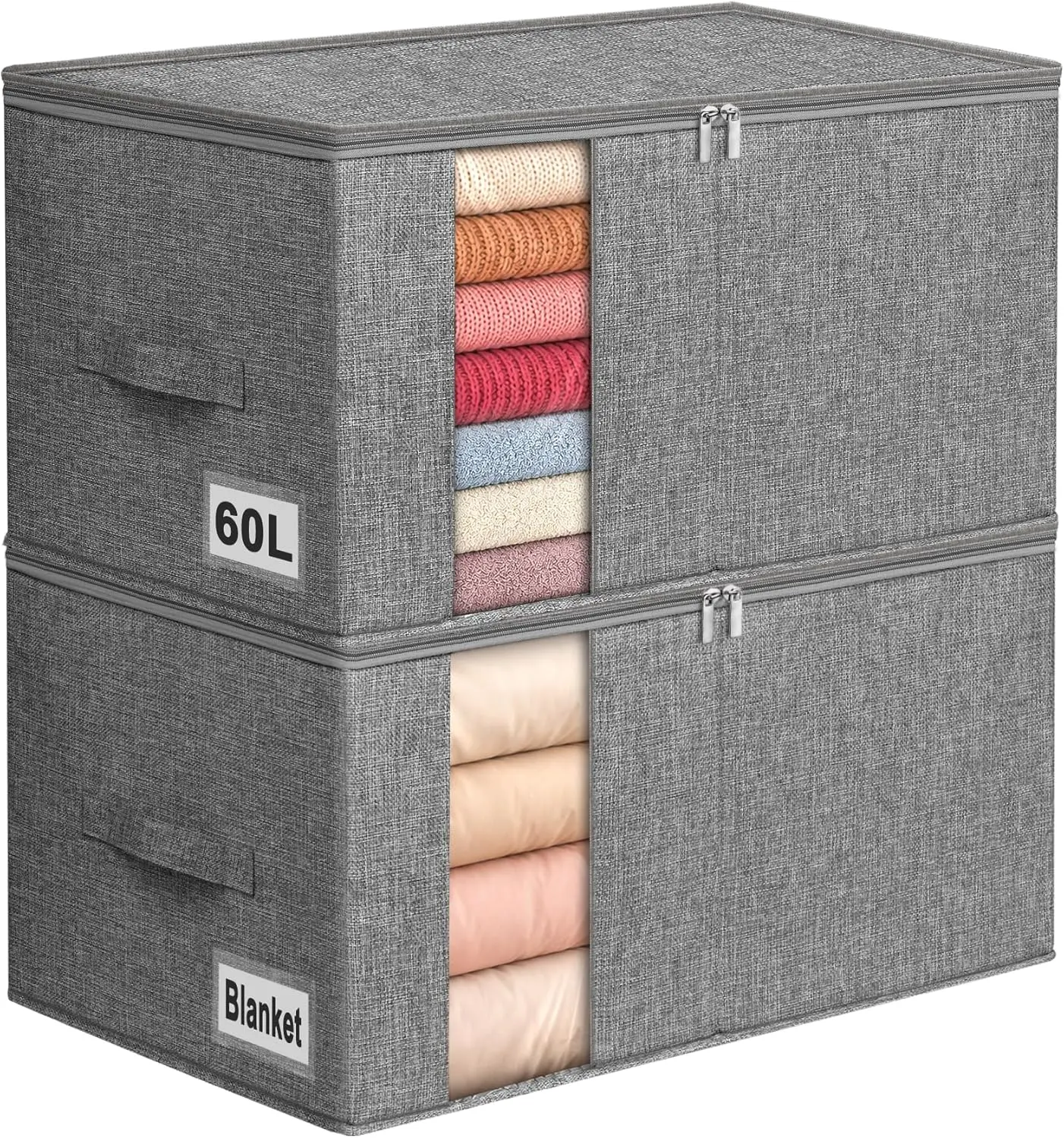 2-Pack 60L Blanket & Comforter Storage Bags with Rigid Sides & Bottom, Stackable Clothes Storage Bin for Sweaters, Bedding, Quilts & Pillows, Gray 21.7x14.2x11.8in