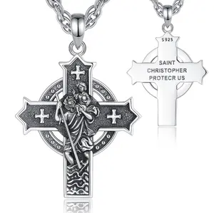 Vintage St. Christopher's Cross Pendant Necklace, 925 Sterling Silver Pendant for Travelers, Divine Protection, Faith & Blessings