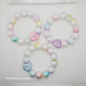 Handmade Pastel Pearl Bracelet – Iridescent Heart Charm, Kawaii Cute-Core