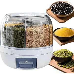Small Rotating 6-Grid Rice Storage Container, One-Click Output Grain Dispenser, Sealed Moisture Proof Dry Food Organizer Bin, Large Capacity Storage Box for Kitchen Pantry Rice, Cereals, Beans and Grains