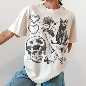 Comfort Colors Oversized Skull Black Cat Tee, Witchy Grunge Y2K Graphic Shirt, Cat Shirt, Vintage Womenswear Cotton Top