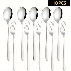 10-Piece Korean Style Forks & Spoons Set, Mirror Polished Salad Forks & Tea Spoons, Dishwasher Safe, Perfect for Kitchen, Camping, Hotel, Restaurant, Tableware Set, Dinnerware Sets