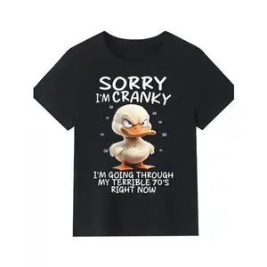Cute Cranky Duck Senior Humor Graphic T-Shirt - "Sorry I'm Cranky I'm Going Through My Terrible 70's" Funny Animal Print Tee, Perfect for Seniors & Meme Lovers, Casual Apparel for Daily Wear or Senior Gatherings
