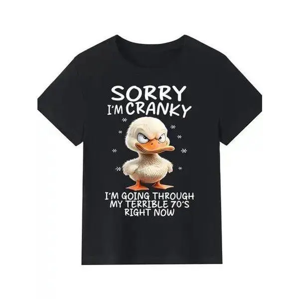 Cute Cranky Duck Senior Humor Graphic T-Shirt - "Sorry I'm Cranky I'm Going Through My Terrible 70's" Funny Animal Print Tee, Perfect for Seniors & Meme Lovers, Casual Apparel for Daily Wear or Senior Gatherings Menswear Top