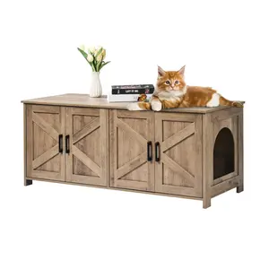 VEVOR Cat Litter Box Enclosure for 2 Cats,  Litter Box Furniture Hidden with Double Rooms, Wooden Cat Box Cabinet Fit Most of Litter Box, 47.2"L x 18.5"W x 19.7"H, Greige