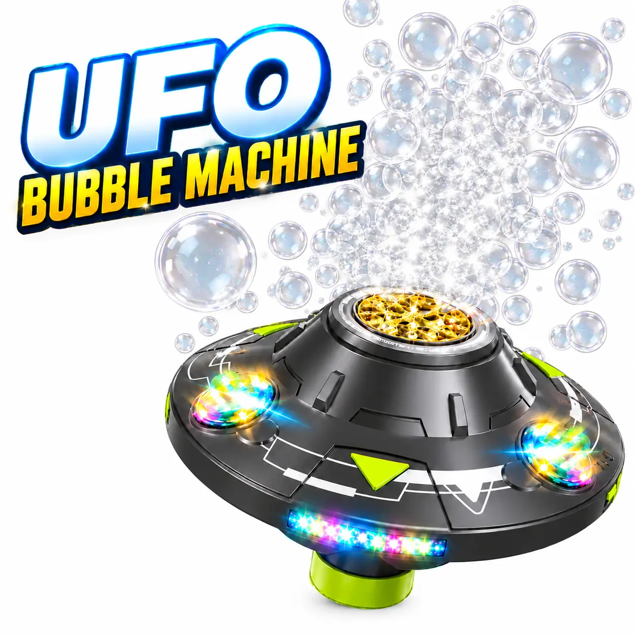 UFO Bubble Machine with Music and Lights, Rechargeable Bubble Blower with Automatic Moving and Turning Action