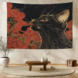 Tapestry A Featuring An Asian Ukiyo-E Style Cat Amidst Clouds And Waves, Complete With Additions, Perfect For Decorating Walls In Homes, Dorms, Or Bedrooms