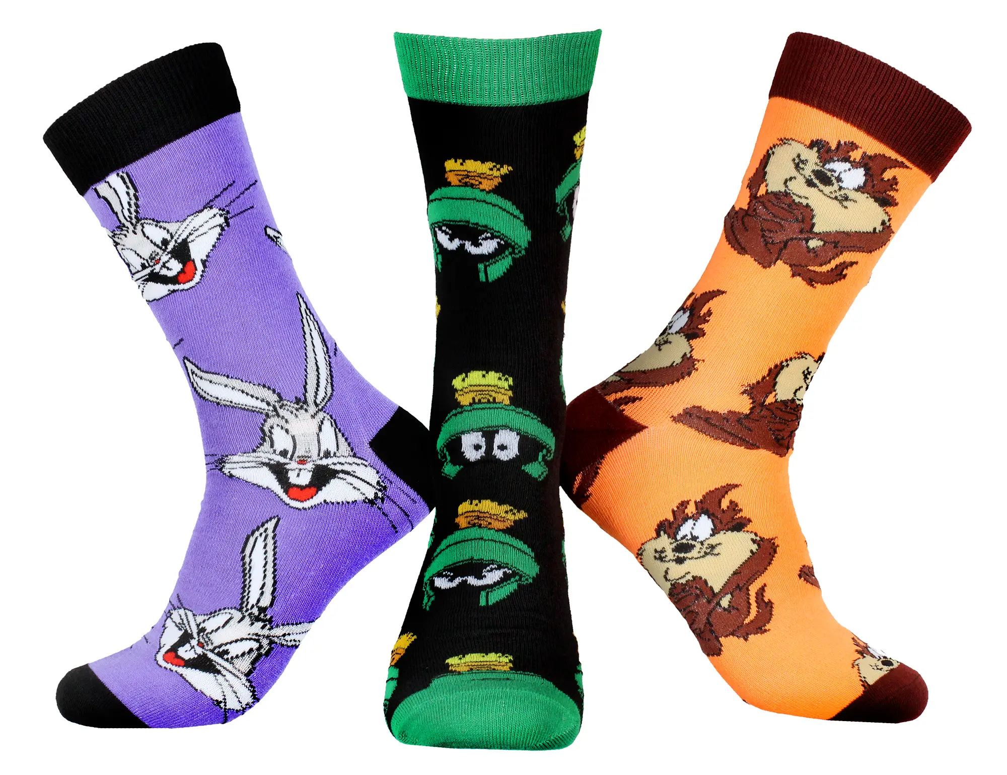 WB Looney Tunes Character Men's Bugs Bunny Taz Marvin The Martian 3 Pair Casual Crew Socks Mid Calf