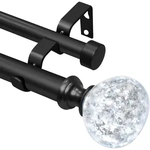 Matte Black Double Curtain Rod for Windows 66 to 120 Inch: Double Window Treatment Curtain Rod Heavy Duty Adjustable from 66 to 120 Inch - Silver Foil Resin Finials and Double Curtain Rod
