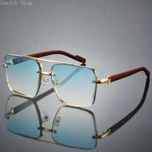 Men's New Full Frame Square Glasses, Retro Dual Bridge Design, Imitation Wood Texture Temples, Metal Frame, Classic Fashion Decorative Eyewear, Trendy Vintage Eyeglasses summervibes