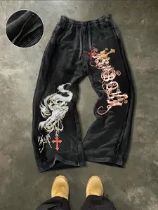 Men's Washed Cotton Sweatpants, Side Hem Stitching Long Pants, Casual Fitted Pants, Gothic Print, Suitable for Daily Wear, Casual Comfy Fit, Casual Fashion