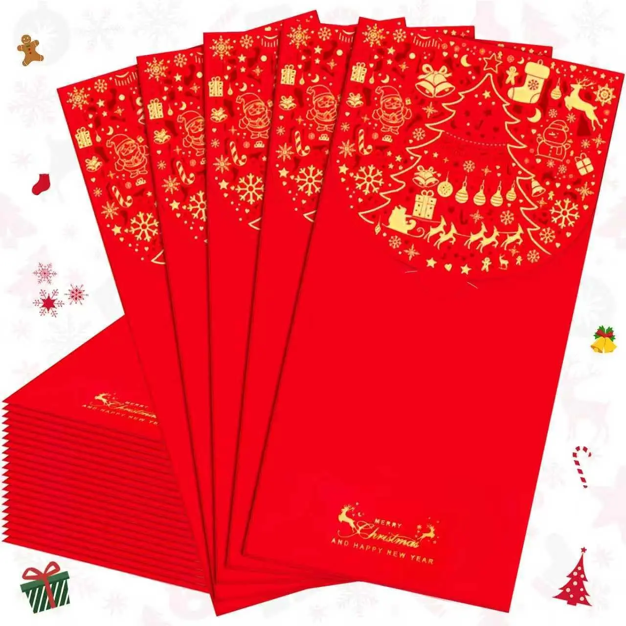 20 Pcs Christmas Red Envelopes - 3.5 x 7 Inches Cardboard Holiday Money Envelopes with Elegant Gold Foil Christmas Tree, Santa Claus, Snowman Designs, Easy-to-Use Insert Closure for Family, Colleagues Xmas Gifts, High-Quality Cardboard