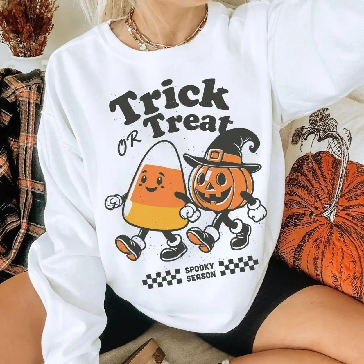 Trick or Treat Sweatshirt, Retro Halloween Crewneck, Candy Corn Pumpkin Sweatshirt, Spooky Season Fall Apparel, Family Halloween Outfit, Cozy Autumn Gift for Women & Men