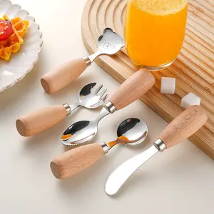 SongTai Standable Wooden Handle Kids Tableware, 304 Stainless Steel Kids Knife Fork, Bear Spoon, Baby Food Supplement Spoon, Puree Scraper Spoon