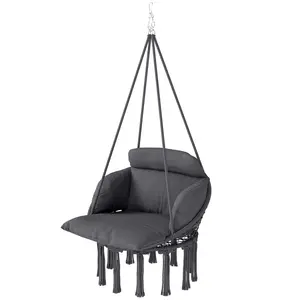 Dark Gray Macrame Hammock Swing Chair - Includes Large Cushion, Chain, Steel Frame - Boho Chic Hanging Egg Chair for Indoor, Outdoor Use (Bedroom, Balcony) - Ideal for Meditation