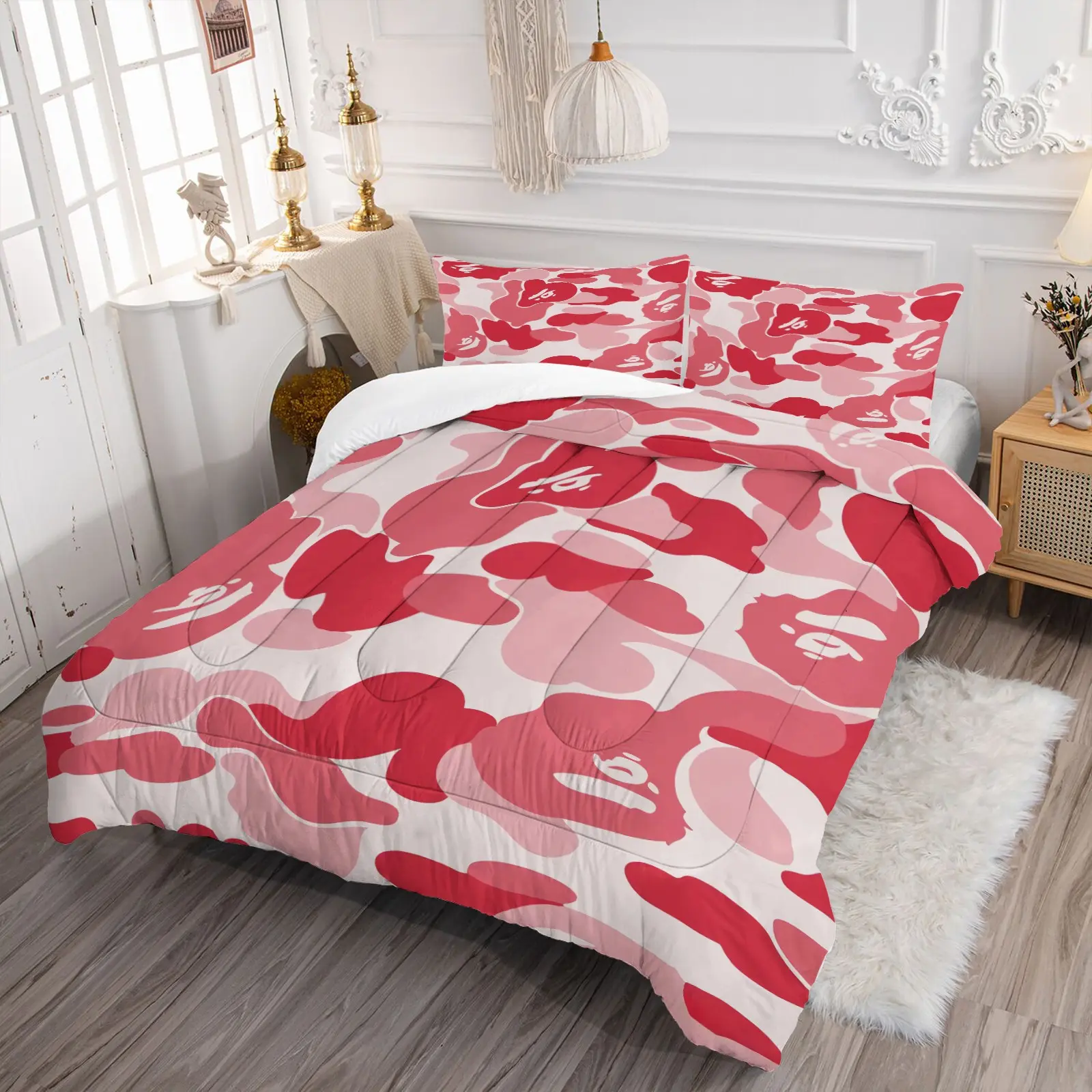 Pink Red Camouflage Comforter Set - Durable Material Comfy Bed Sets, 1 Quilt + 1/2 Pillowcases, 3D Printed Streetwear Bedding for Kids Teens, Perfect Urban Bedroom Decor, Soft Bedding Sets, Bed Sets Supplies, Twin/Full/Queen Sizes