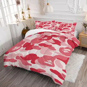 Pink Red Camouflage Comforter Set - Durable Material Comfy Bed Sets, 1 Quilt + 1/2 Pillowcases, 3D Printed Streetwear Bedding for Kids Teens, Perfect Urban Bedroom Decor, Twin/Full/Queen Sizes