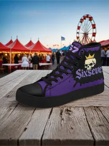 SixSeven Men's High-Top Casual Sneakers - Purple Splatter Crown Skull Print Comfortable All-Season Streetwear Shoes