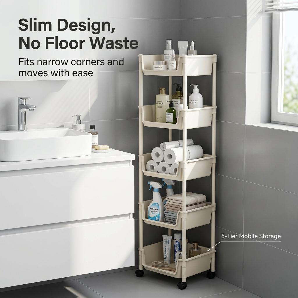 Multifunctional Multi-Layer Plastic StorageCartwith Wheels, Layered Shelf Organizer forBedroomKitchen Bathroom Living Room,AdjustableStanding Shelf Suction Cup Sponge Holder forKitchen Sink semiannual sale 2026 easy install kit gloveclip cas