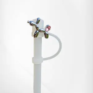 Balloon Dog with Pink Diamond Silicone Straw Topper  - Silver