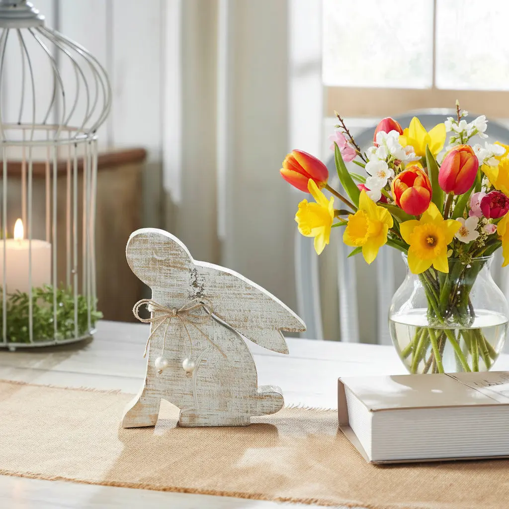 Wooden Sitting Bunny Figurine, Bunny Hop Design w/ Pearl Beads, Tropical Farmhouse Room Decor, 8x7.5in, Shelf