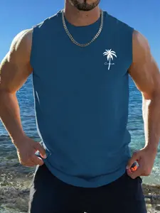 Men's Classic Tropical Coconut Tree Print Sleeveless Fitted Round Neck T-Shirt, Casual Comfortable Top for Summer Outdoor Fitness Wear, Streetwear, Casual Tee
