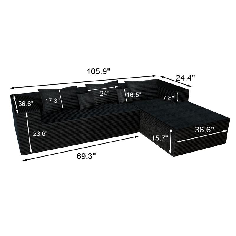 【2 Packages Shipping】Boneless Compression Sofa Bed - Modular Sofa, 105-inch Extra Large L-shaped Corner Sofa, No Assembly Required, Space-Saving, Memory Foam Seating, Suitable for Living Room and Bedroom, Black