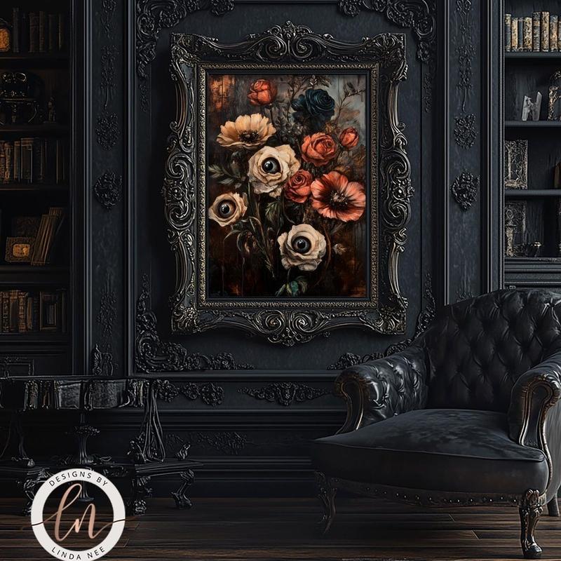 Macabre Botanical Goth Print, Dark Academia Home Decor, Victorian Gothic Poster, Forestcore, Autumn Colors, Spooky Eyes Flowers | Unframed P
