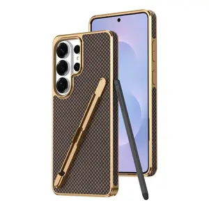 High-end textured plaid phone case compatible with Samsung Galaxy S26 Ultra, S25 Ultra, S24 Ultra, S23 Ultra, S22 Ultra, S26 Plus, S25 Plus, S24 Plus, S23 Plus, S22 Plus, S24 FE, S23 FE with stylus support, featuring light luxury electroplating, anti-slip