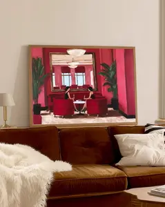 [SALE UP TO 50% + FREE SHIP]  Maximalist Pink Hotel Mirror Art Print  Luxurious Interior Painting  Colorful Wall Art  Vintage Pink Gold Gallery Exhibition Art Decor