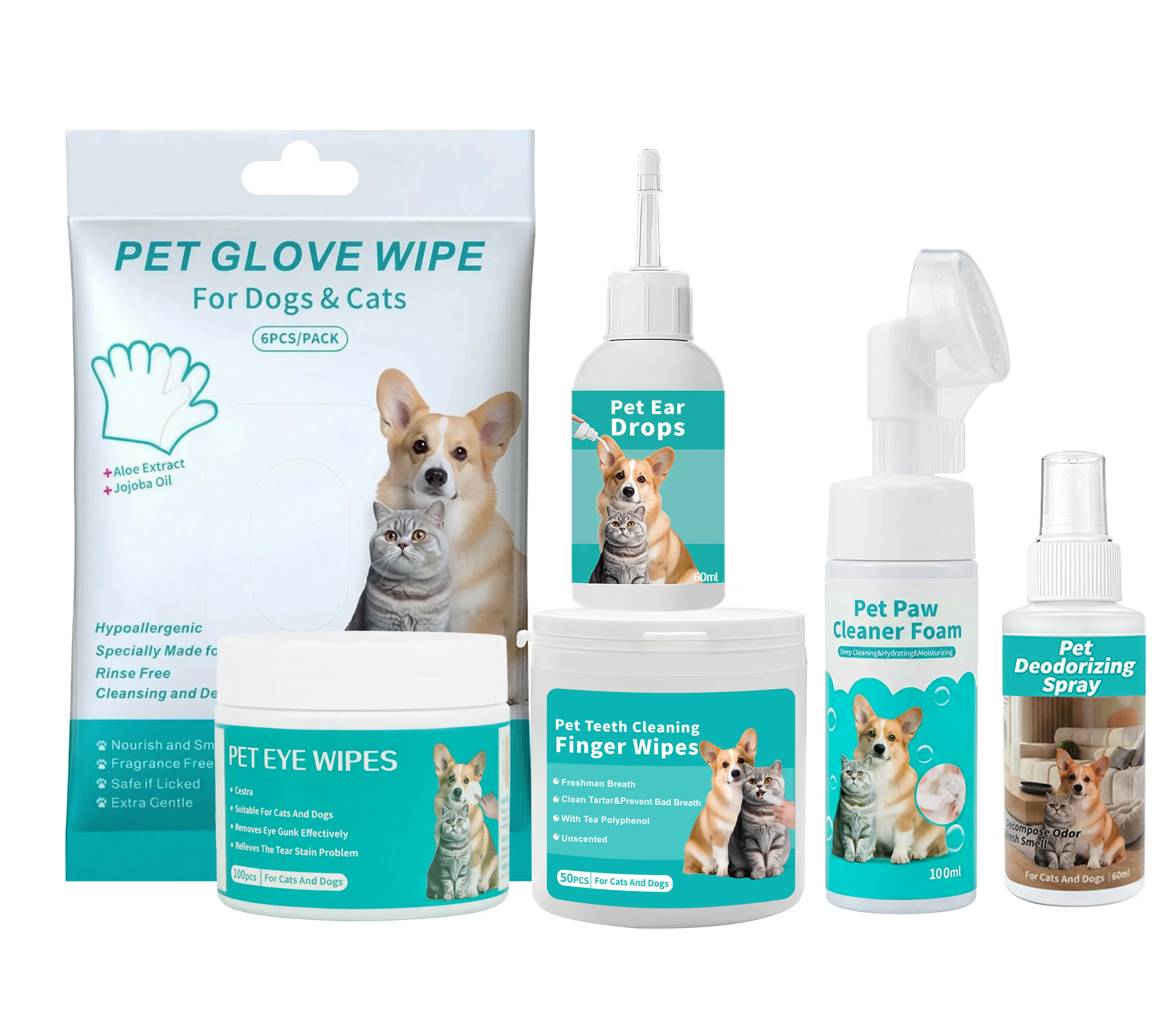 6 in 1 Pet Cleaning Grooming Kit for Dogs & Cats, Ear Cleaner Drops, Paw Foam Cleaner, Dental Finger Wipes, Tear Stain Eye Wipes, Deodorizing Spray & Bath Glove Wipes, Complete Pet Daily Clean Supplies Set