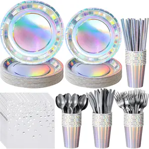 Iridescent Party Supplies Decorations, Holographic Paper Plates and Napkins Set, Disposable Iridescent Paper Plates Cups  Spoons Fork Straw for  Birthday Wedding Party, Serve 25