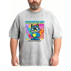 Men's Plus Size Awesome Old Man Raccoon Print Washed T-Shirt, Retro Cartoon Dad Tee
