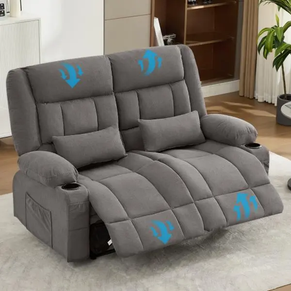 Reclining Loveseat Sofa: Manual Recliner with Cup Holders & Side Pockets - Modern Gray Fabric 2-Seater for Home Office & Living Room Spaces,Grey