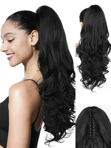 24 Inch Black Ponytail Extension, Long Curly Wavy Claw Clip in Ponytail Hair Extensions, Jaw Clip on Pony Tails Fluffy Hairpiece for Women Daily Party Use, Synthetic Hair Wigs