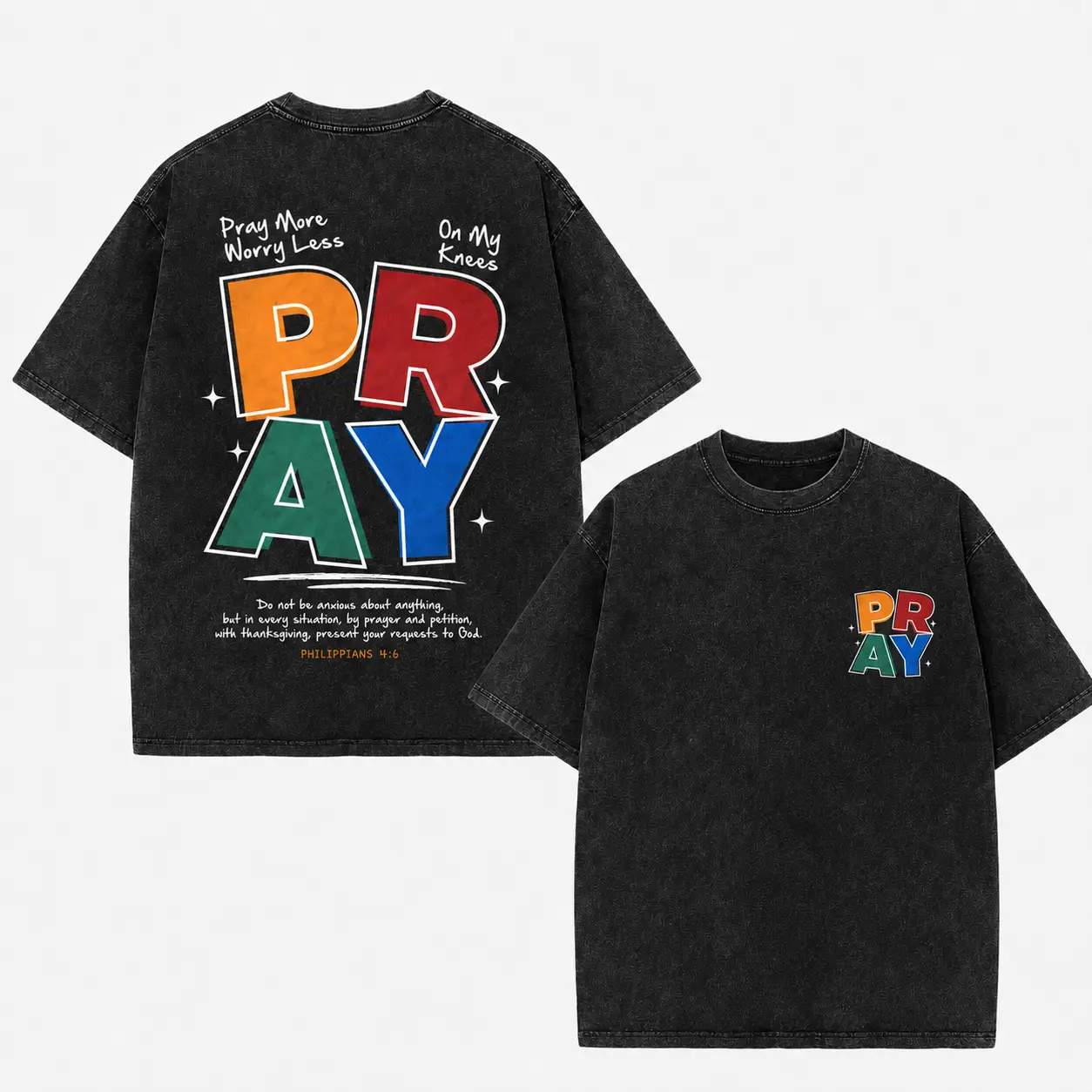 Men's Casual Distressed Vintage Wash Short-Sleeve Streetwear Top with "Pray More Worry Less" Christian Block Letter Graphic, Festive Menswear T-Shirt, Whimsical Art, Graphic Print, Block Letters, Men's Gift, Multi-Size, All Seasons