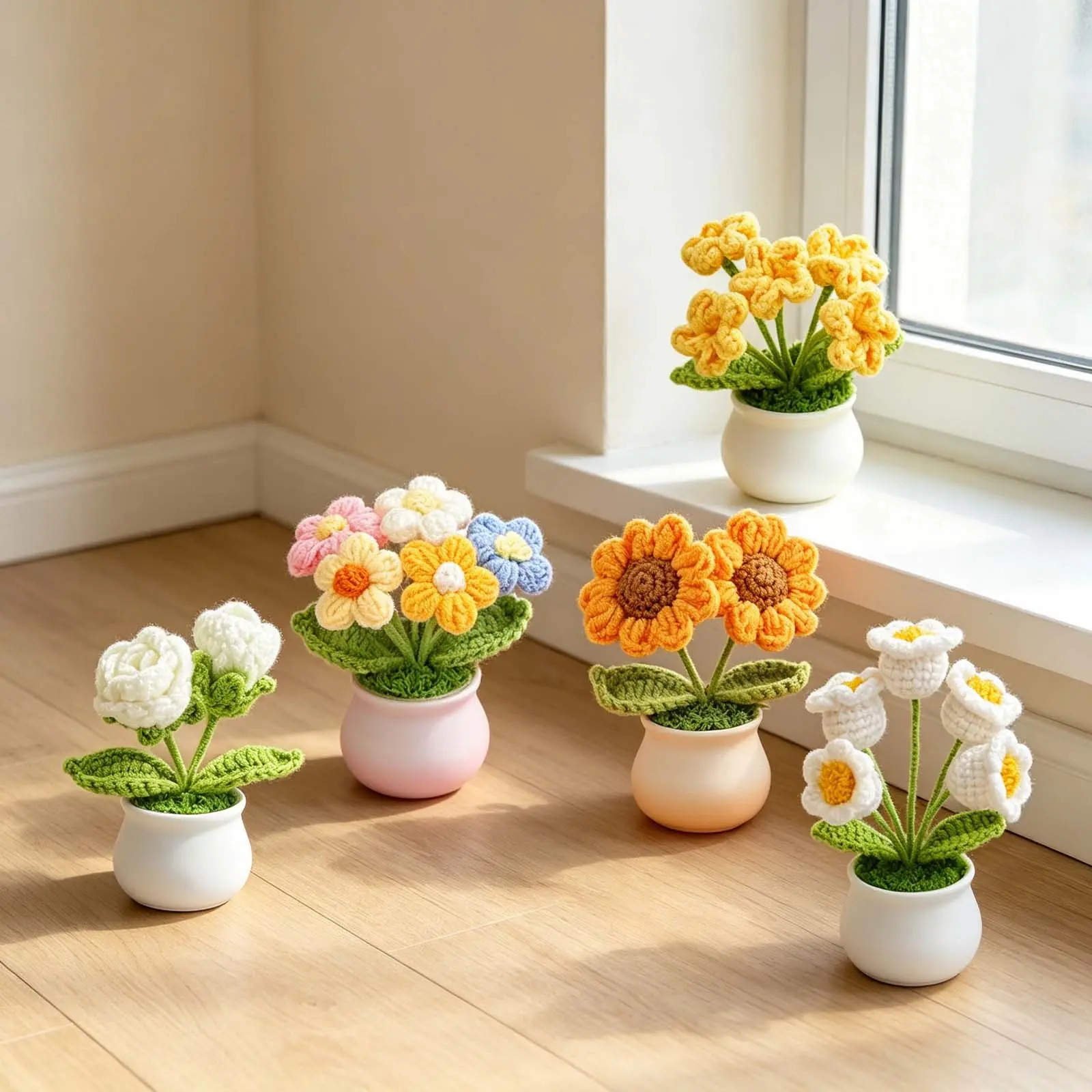 Crochet Flower Bouquet Pot Bulk Thank You Gifts Handmade Knitted Flower Mini Floral Plant for Women Coworker Summer Wedding Home Table Car Decor