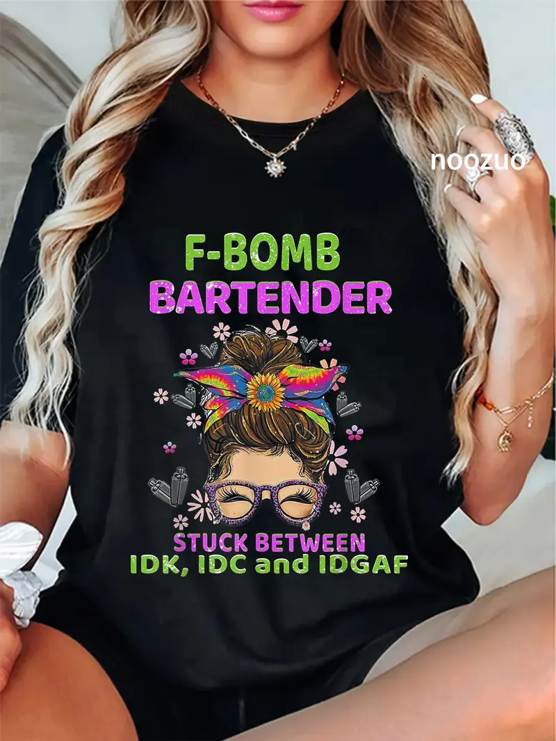 100% Cotton F-bomb Bartender Stuck Between IDK IDC And IDGAF T-Shirt