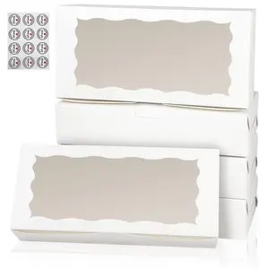 Bakery Boxes with Window, 7.09'x4.9'x1.57' White Treat Boxes for Dessert, Cookie, Chocolate Strawberry, Donut and Pastry With Stickers