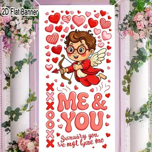 2D flat banner, 1pcValentine's Day Cupid 'ME & YOU' Banner, Romantic Heart & Tic-Tac-Toe Decor for Love-Themed Parties, Festive Pink Red Decorations