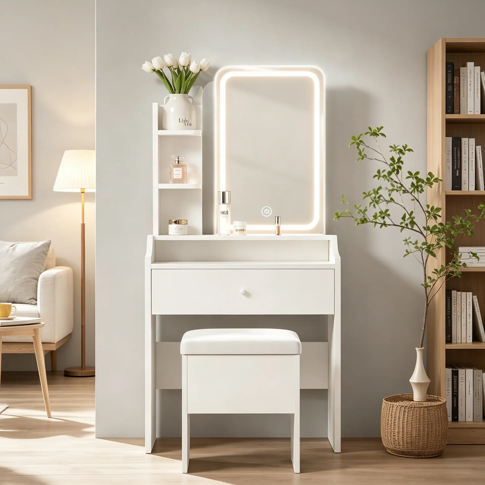 LIKIMIO Small White Makeup Vanity Desk with Mirror, Lights, 3 Shelves, Storage Drawer & Chair - Bedroom Vanity Dresser for Makeup Organization,dorm essentials,home decor