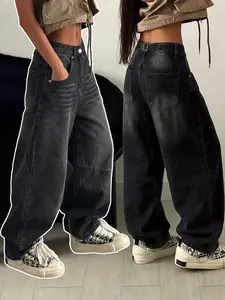 2026SS New Style American Casual Streetwear Y2K Women's Black Loose Wide-Leg Structured Denim Jeans with Back Metal Buckle Detail