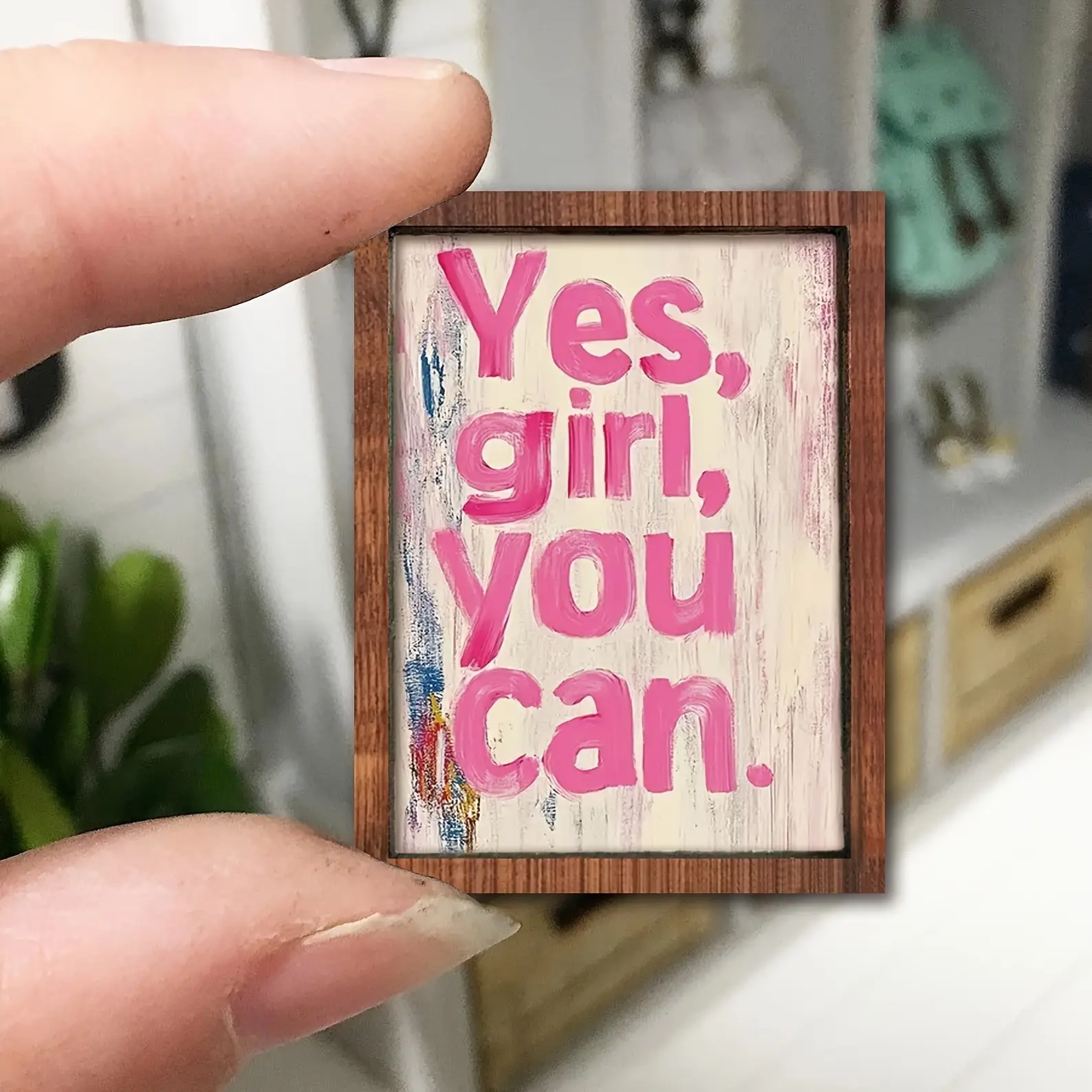 1Pc mini miniature wood decoration, Yes You Can Letter Design, Mini Doll House Decoration Painting, Farmhouse Wood Framed Miniature Sign, Doll House Ornament Pendant Inspirational Decoration Painting, Wall Art Sign, Farmhouse Ornaments