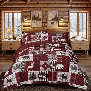 3 Piece Cabin Full/Queen Sets Farmhouse Rustic Reversible Microfiber Soft Lightweight Bedspread Comforter with 2 Shams Patchwork Bedding Set for All Season, 90''x96'', Red