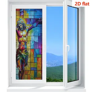 2D Static Adhesive Matte Sticker, Christian Jesus Crucifix Colorful Glass Window Style, PVC Static Adhesive Decal, Removable No Glue, 45x100cm