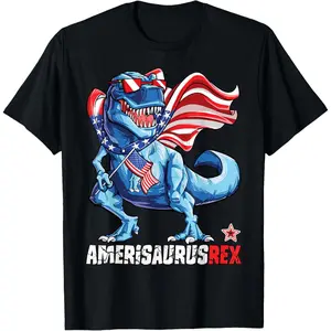 Pure Cotton Tee Dinosaur 4th of July Boys Girls Men Amerisaurus T Rex Funny T-Shirt