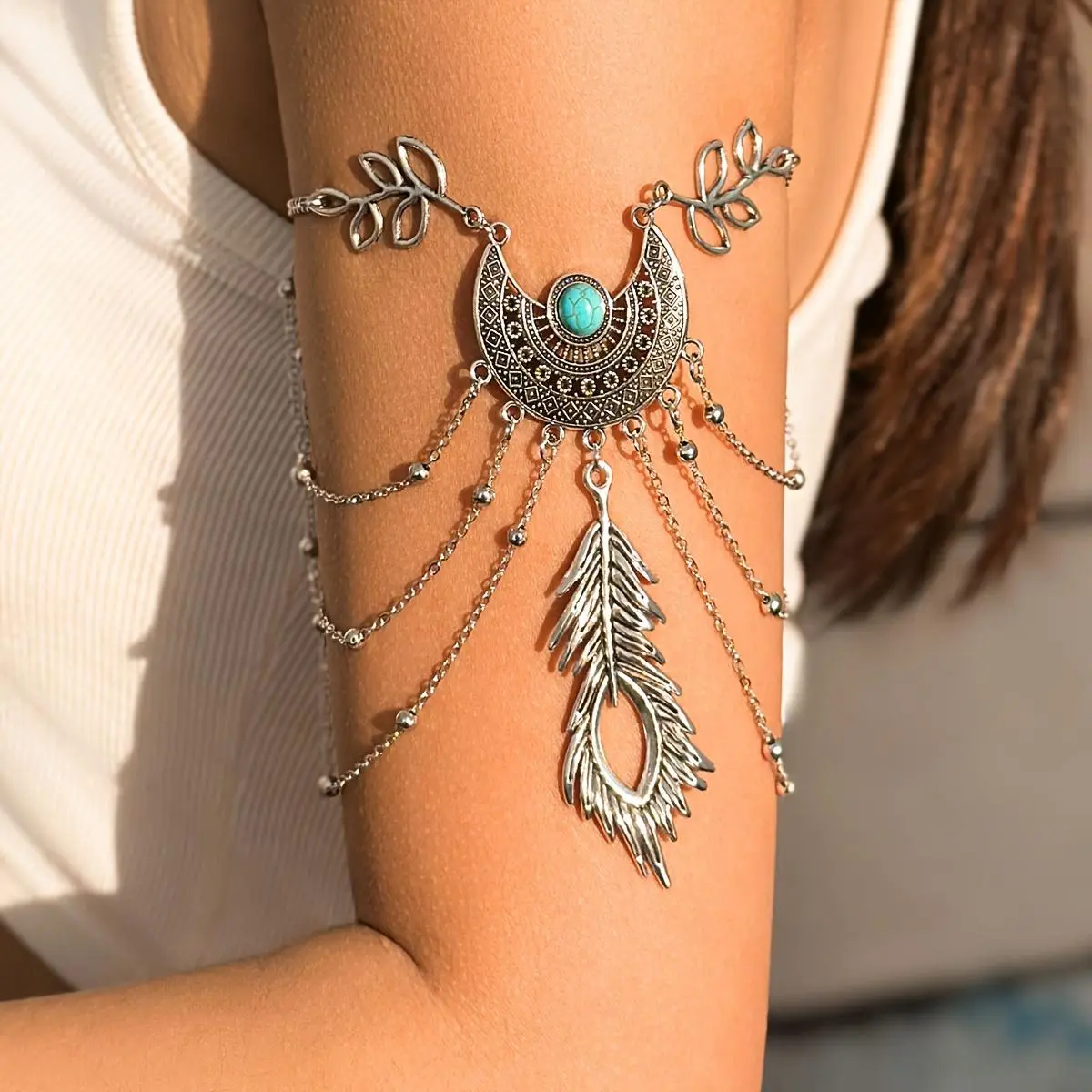 Vintage Western Ethnic Adjustable Turquoise Cuff Bracelet Bohemian Hollow Retro Silvery Tassels Bracelet Jewelry Chic Women Cuffs Unique Body Chain Jewelry Vacation Travel Beach Bracelet